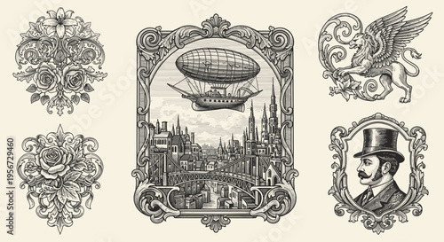 Steampunk Cityscape with Airship and Victorian Gentleman