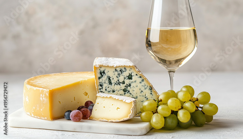 Camembert, blue cheese, hard cheese, glass of cold white wine and grapes on marble board and light background. Cheese platter side view close-up view