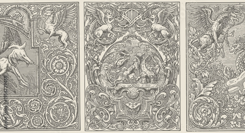 Ornate Vintage Engraving Triptych: Mythical Creatures, Floral Motifs, and Architectural Elements
