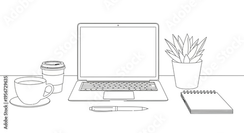 Minimalist Desk Setup: Laptop, Coffee, Plant, Notebook - Clean Line Art