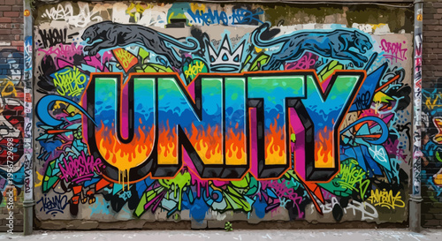 Graffiti art mural with the word UNITY in vibrant colors and graffiti background