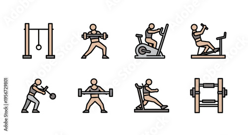 Collection of people exercising with various gym equipment set for individual health and fitness activities illustration elements