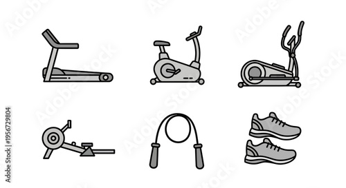 Collection of Home Exercise Equipment Icons Showing Treadmill Stationary Bike Elliptical Trainer Rowing Machine Jump Rope and Athletic Shoes for