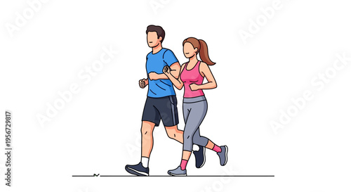 A vibrant and energetic line art depicting a sporty couple actively engaged in an outdoor morning jogging session, emphasizing fitness, health, and the joy of an active lifestyle within a br