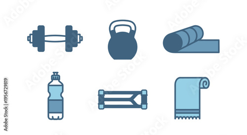 Minimalist vector set of gym equipment isolated on a white background, including a dumbbell, kettlebell, exercise mat, water bottle, resistance band, and towel, depicted in a stylish, flat d