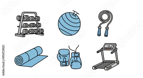 Minimalist graphic vector set of gym equipment icons in a flat style, featuring dumbbells, exercise ball, jump rope, yoga mat, boxing gloves, and treadmill, perfect for fitness and health co