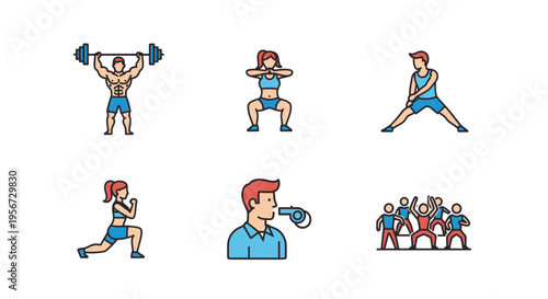 Set of minimalist exercise icons featuring various individuals performing weightlifting, squats, stretching, lunges, coaching with a whistle, and group exercise, all rendered in a clean, out