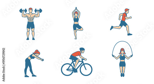 Minimalist vector set showcasing various fitness activities weightlifting, yoga, running, stretching, cycling, and jump rope, representing healthy lifestyle in vector art style, on white bac