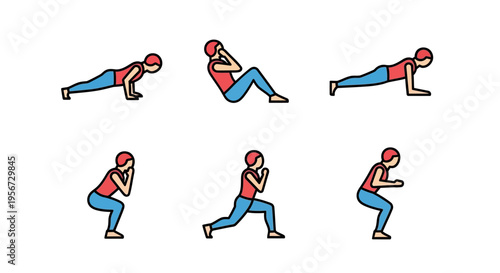 A vector graphic showcases a vibrant, flat-style illustration of a fitness routine, depicting exercises such as push-ups, sit-ups, planks, squats, lunges, designed for workout motivation in 