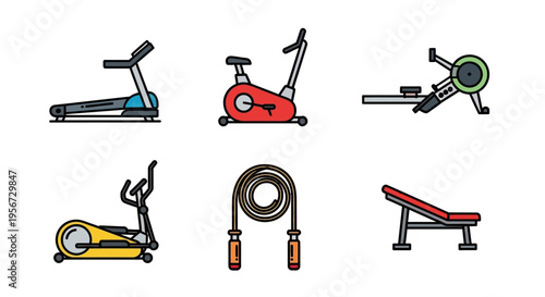 A collection of stylized, minimalist fitness equipment icons arranged artfully against a neutral backdrop, representing gym activities and promoting healthy living, ideal for web design and 