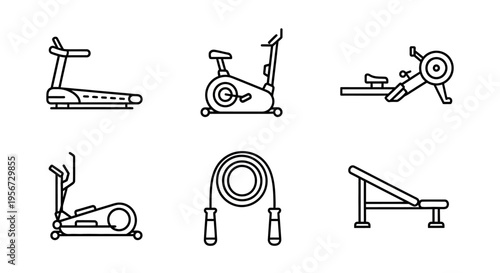 Minimalist outlined vector set showcasing various gym and fitness equipment, including a treadmill, stationary bike, rowing machine, elliptical machine, jump rope, and weight bench; perfect 