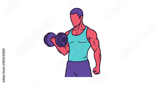 A strong, muscular man in a turquoise tank top lifts a dumbbell in a classic bodybuilding curl, showcasing fitness and lifestyle illustrations against a bright white background
