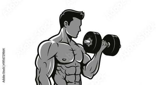 Monochromatic illustration of a muscular man doing bicep curls, showcasing strength and fitness against a clean white background, emphasizing bodybuilding and health.