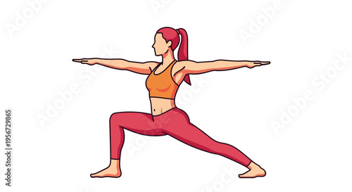 A vibrant, stylish vector creation depicting a woman in a warrior two yoga pose against a clean white backdrop, showcasing fitness, mindfulness, and the beauty of stretching and wellness in 