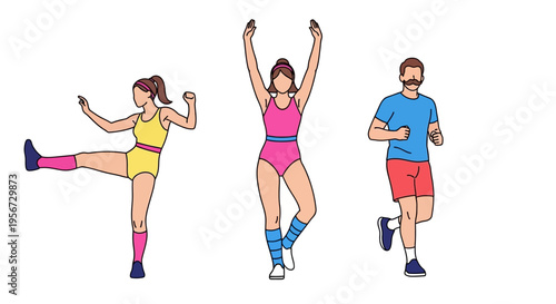 A vibrant, minimalist cartoon depiction of three fitness enthusiasts—a woman kicking high, a woman in a graceful ballet pose, and a man running—against a clean white background, showcasing a