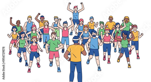 A vibrant and energetic crowd of diverse people, participating in a fitness class led by an instructor, portrayed in a colorful, flat minimal vector style illustrating the joy of movement.