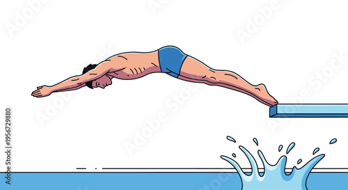 A vectorized illustration depicting a muscular man gracefully diving off a diving board into a refreshing blue pool below with creative linework and an energetic depiction of water splashes.