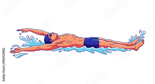 Dynamic stylized vector art showing a male swimmer in backstroke, emphasizing the aquatic movement with splashes and illustrating healthy athletic lifestyle, isolated on a white backdrop.