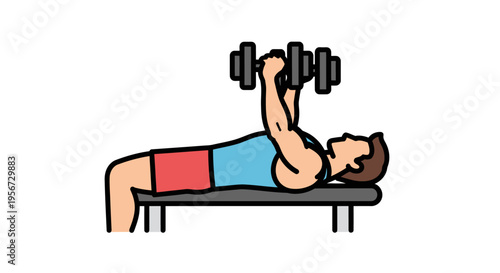 Graphic depiction of a man performing a dumbbell chest press exercise on a bench, showcasing fitness and strength training in a flat, outlined minimalist digital art style, isolated on white