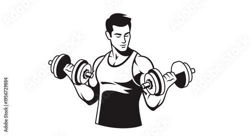 A strong, determined man in a sleeveless shirt confidently biceps curls two heavy dumbbells in a black and white graphic design, showcasing fitness and power in a gym setting, aiming for exe