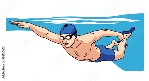 Athletic swimmer performing butterfly stroke underwater with arm extended and legs bent in blue water environment representing competitive swimming