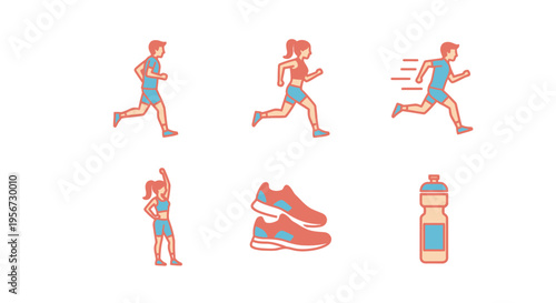 Healthy Active Lifestyle Icons for Fitness and Running With Male And Female Figures Sport Shoes Hydration Bottle Representing Exercise And Motion
