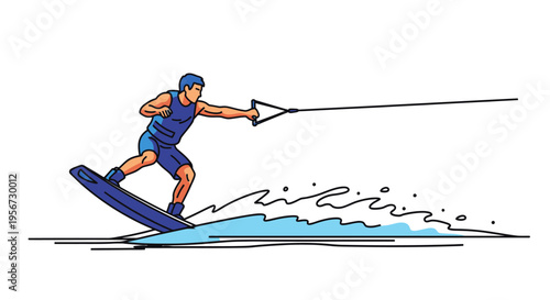 Active man gliding on water skis creating splash behind him during extreme sport on a sunny day with clear sky and clean white background
