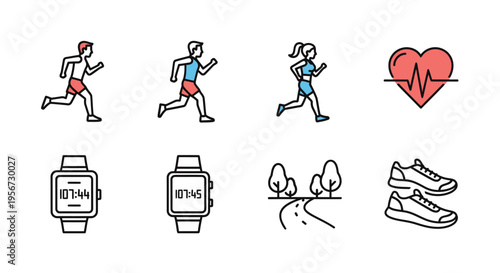 Healthy Lifestyle Icons Representing Running Fitness Tracking Exercise and Wellness for Active People