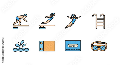 Collection of stylized aquatic sport icons showcasing diving and pool equipment with water splashes and safety gear for recreation and competition