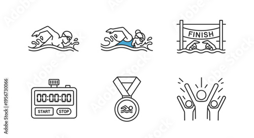 Set Of Line Icons Illustrating Swimming Competition Elements Including Swimmers At The Start And Finish Stopwatch And Award Emblem Symbolizing Sport