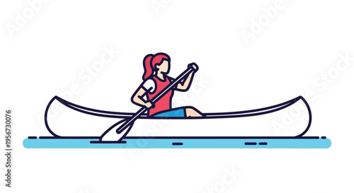Active Woman Paddling White Canoe on Calm Water Surface with Minimalist Style and Clean White Background Representing Outdoor Recreation and