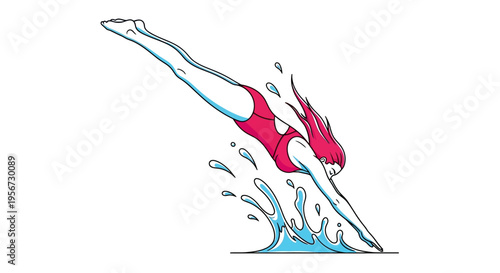 Woman in Red Swimsuit Dives Into Water Creating Splashes Illustrative Style Clean Background for Aquatic Sports and Recreation Concepts