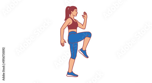 Athletic fit woman performing a dynamic leg lift high intensity cardio exercise indoors in workout attire for fitness and healthy lifestyle concepts