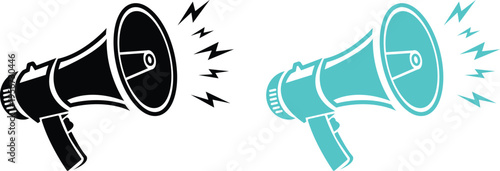 Megaphones making announcements in black and teal