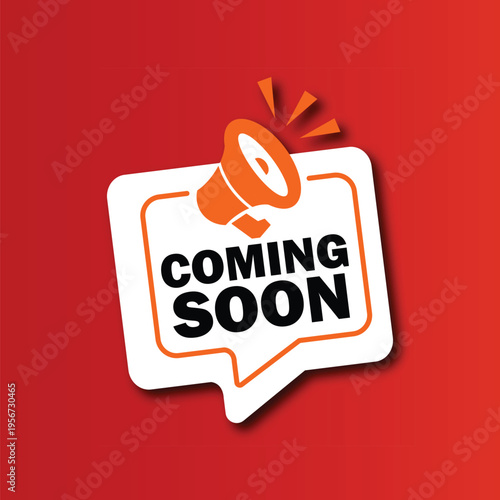 Coming soon announcement with megaphone on red background