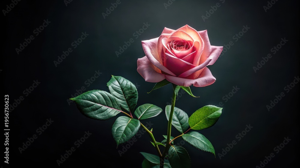 Fototapeta premium A Single Pink Rose with Vibrant Green Leaves Against a Dark Background, Illuminated by a Soft Light, Evoking a Sense of Elegance and Serenity