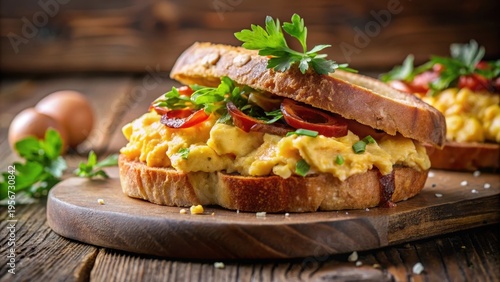 Scrumptious Scrambled Egg Sandwich on Rustic Bread with Roasted Red Peppers and Fresh Herbs