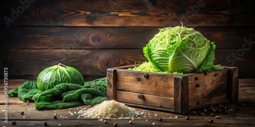 Rustic Still Life Featuring Fresh Green Cabbage in Wooden Crate with Grains and Spices