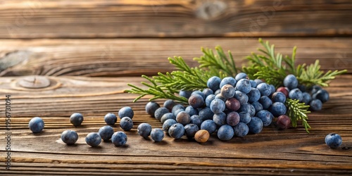 Rustic wooden surface showcasing a cluster of ripe, dark-blue berries nestled amongst vibrant green sprigs