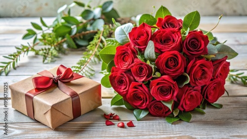 A Romantic Gift Presentation Featuring a Luxurious Bouquet of Deep Red Roses and a Wrapped Present with a Rich Burgundy Ribbon on a Rustic Wooden Surface