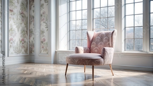 A pink upholstered armchair sits by a sunlit window in a room with patterned wallpaper and hardwood floors