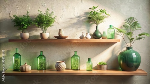Serene Home Decor Stylish Green Glassware and Lush Potted Plants Arranged on Wooden Shelves Against a Textured Wall