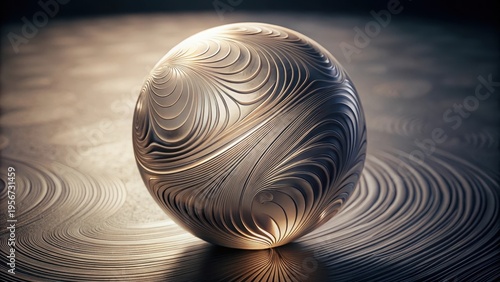 Intricate Metallic Orb Resting on a Swirling Surface, Reflecting Light and Shadow
