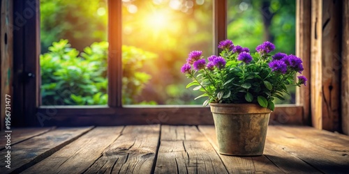 A potted purple flower arrangement sits on rustic wooden surface near a sunlit window showcasing tranquil outdoor scene