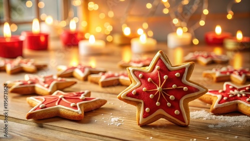 Festive Star-Shaped Cookies on Wooden Surface with Warm Candlelight Glow