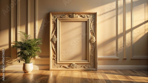 Ornate Frame Adorns a Sunlit Room with a Potted Plant