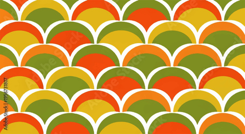 Vibrant retro 60s 70s geometric seamless pattern with flowing scalloped shapes in olive green orange and yellow for a blended vintage background design