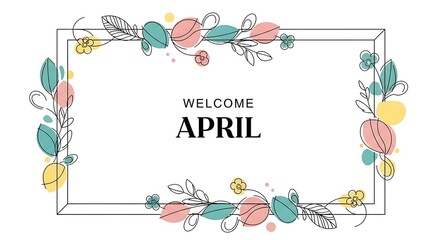 Hand-drawn watercolor welcome April greeting card with floral and butterfly elements