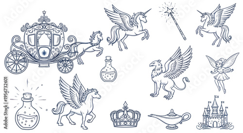 Fairytale Elements: Unicorns, Carriage, Fairy, Castle, Magic Wand, Potion