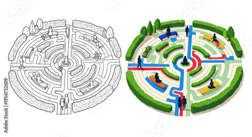 Garden Maze Design: Blueprint vs. Colored Illustration with People
